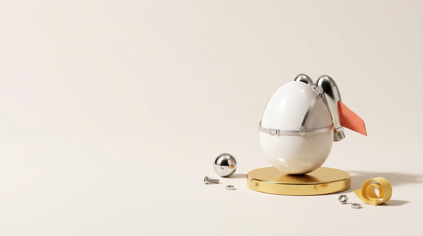 A glossy white egg with a silver jetpack preparing for takeoff on a golden launch platform